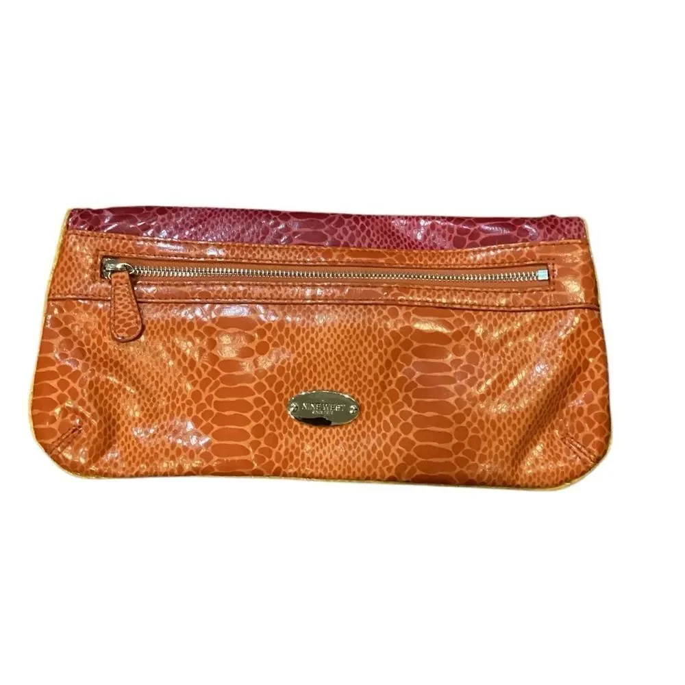 Nine West faux Snake Leather Color-block Fuchsia Yellow Orange Clutch Purse